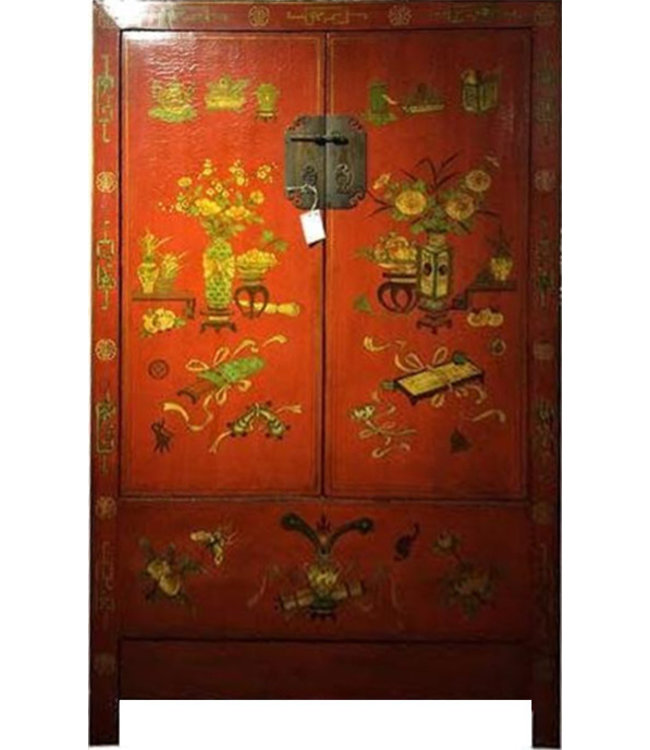 Armadio Nuziale Cinese Antico Pintado a Mano Rosso Siglo 20 L114xP51xA183cm