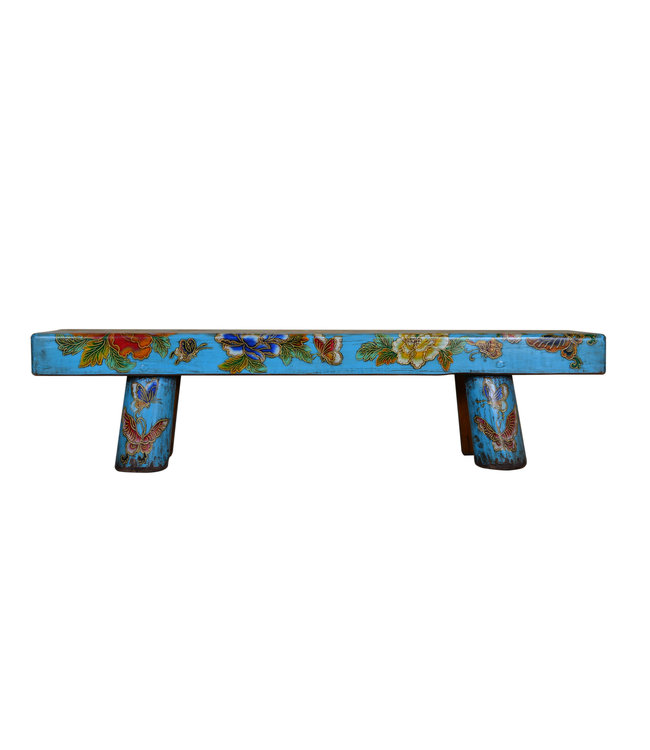 Banc Traditionnel Chinois Fleurs et Papillons Peints à la Main Bleu Ciel L160xP35xH46cm