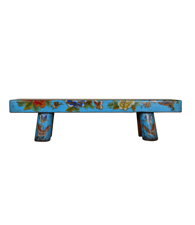Traditional Chinese Bench Hand-painted Flowers and Butterflies Sky Blue W160xD35xH46cm