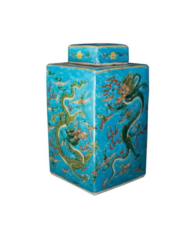 Chinesischer Deckelvase Porzellan Handbemalt Drachen Blau B18xT18xH34cm