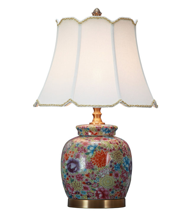 Oriental Table Lamp Porcelain with Lampshade Multicolour Art W22xD22xH57cm