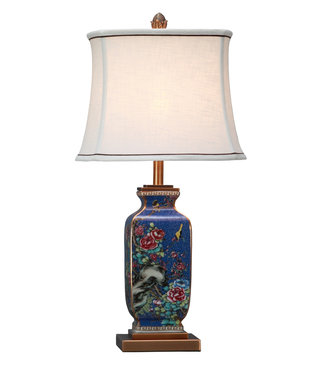 Fine Asianliving Chinesische Tischlampe Porzellan mit Schirm Blau Handbemalt B14xT14xH57cm
