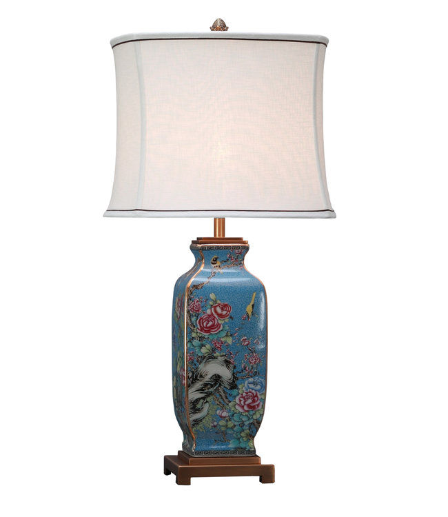 Lampe de Table en Porcelaine Chinoise Abat en Lin Peinte à la Main L16xP16xH72cm