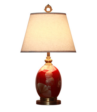 Fine Asianliving Chinesische Tischlampe Porzellan mit Schirm Rot Gold Gingko Blätter Handgefertigt