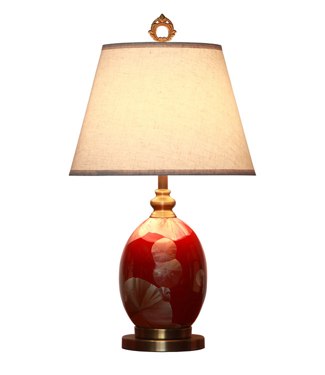 Lampe de Table en Porcelaine Chinoise avec Abat-jour Rouge Or Feuilles de Ginkgo Faite Main D18xH60cm