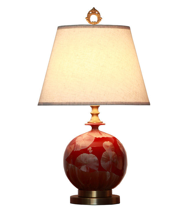 Oriental Table Lamp Porcelain White Lampshade Red Gold Gingko Leaves Handmade