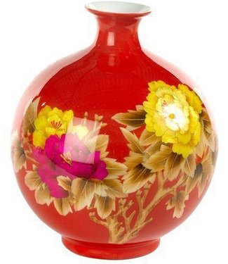 Fine Asianliving Vase Chinois Porcelaine Paille de blé Pivoine Rouge Fait Main D25xH29.5cm