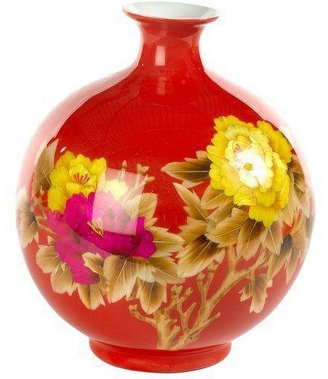 Vase Chinois Porcelaine Paille de blé Pivoine Rouge Fait Main D25xH29.5cm