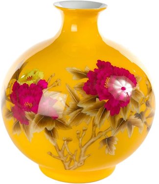 Fine Asianliving Vase Chinois Porcelaine Paille de blé Pivoine Jaune Fait Main D25xH29.5cm