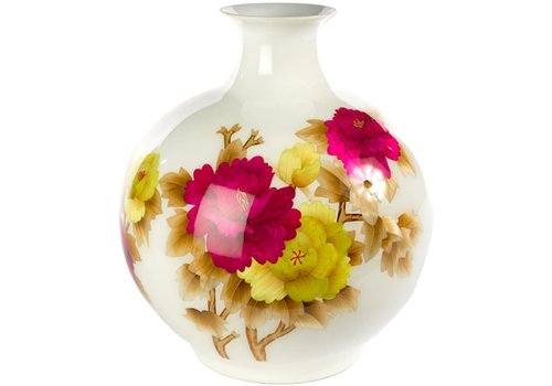 Fine Asianliving Chinesische Vase Porzellan Handgefertigt Pfingstrose Weiß H29.5cm