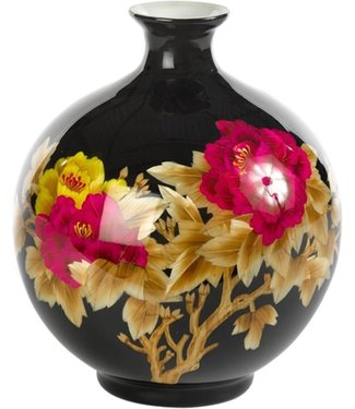 Fine Asianliving Chinese Vaas Porselein Handgemaakt Pioenrozen Zwart H29.5cm