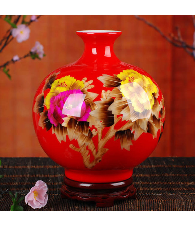 Chinese Vaas Porselein Handgemaakt Pioenrozen Rood H29.5cm