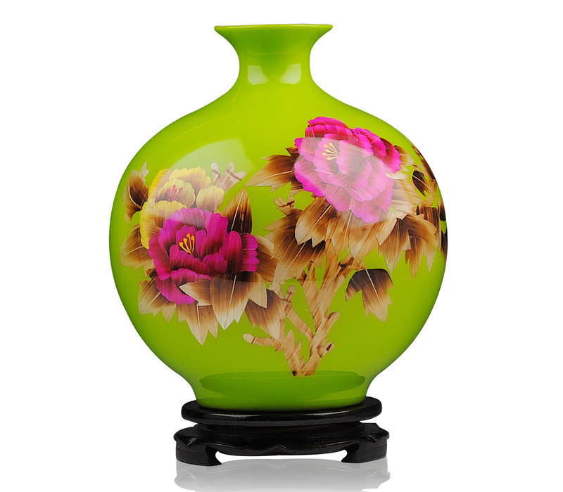 Chinesische Vase Porzellan Handgefertigt Pfingstrose Grün H29.5cm