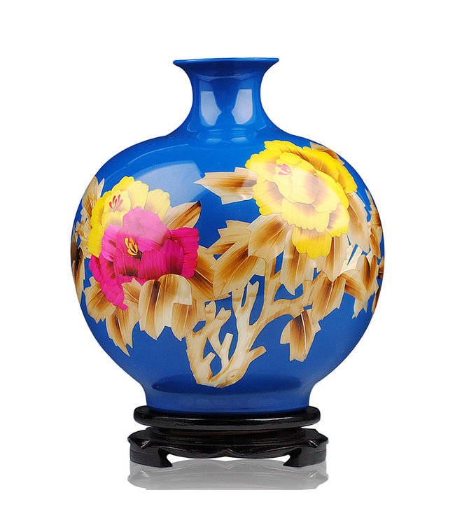 Vaso Cinese in Ceramica Porcellana Fatto a Mano Peonia Blu A29.5cm