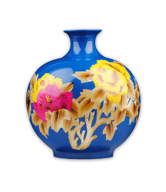 Fine Asianliving Chinese Vaas Porselein Handgemaakt Pioenrozen Blauw H29.5cm