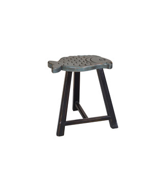 Fine Asianliving Chinese Stool Solid Wood Oriental Fish Design Grey H49cm