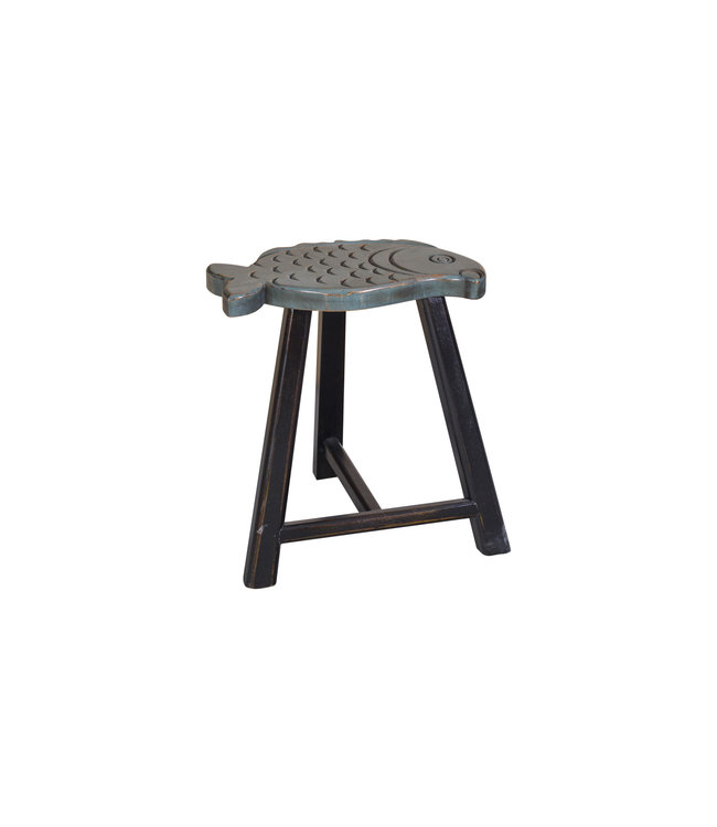 Chinese Stool Solid Wood Oriental Fish Design Grey H49cm