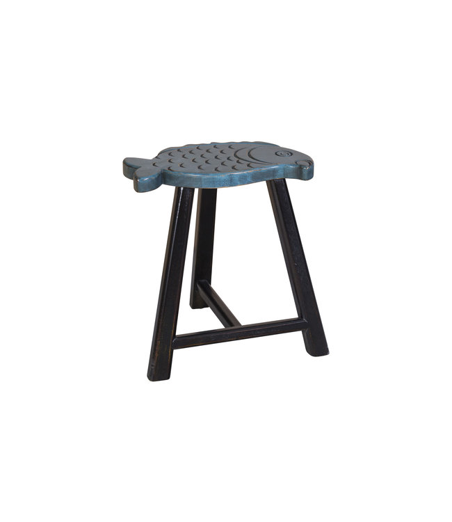 Chinese Stool Solid Wood Oriental Fish Design Blue H49cm