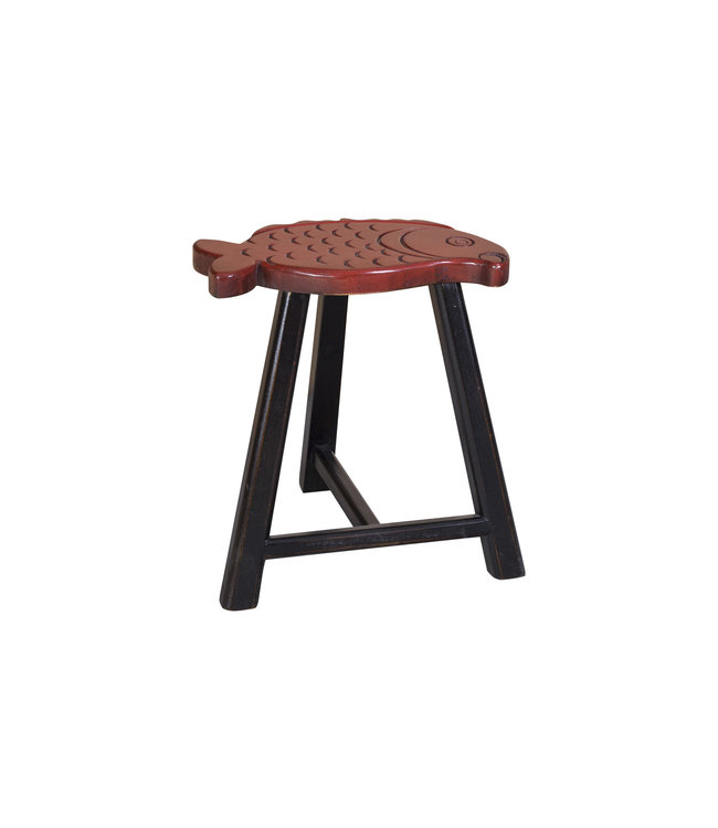 Chinese Stool Solid Wood Oriental Fish Design Red H49cm