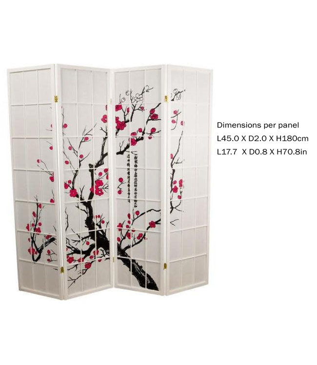 Japanischer Paravent Raumteiler Trennwand B180xH180cm 4 Paneele Weiß - Kirschblüten