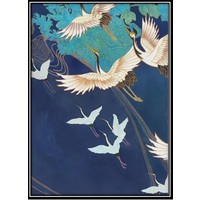 Aquarelle Painting Handmade Japanese Cranes with Frame Solid Wood 80x122cm Navy