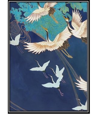 Fine Asianliving Aquarelle Schilderij Japanse Kraanvogels in Lijst Massief Hout 80x122cm Navy