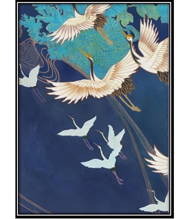 Aquarelle Painting Handmade Japanese Cranes with Frame Solid Wood 80x122cm Navy