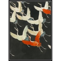 Aquarellmalerei Handgemachte Japanische Kraniche mit Rahmen Massivholz 75x55cm Schwarz