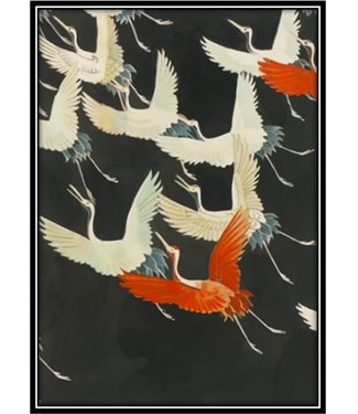 Fine Asianliving Aquarelle Schilderij Japanse Kraanvogels in Lijst Massief Hout 75x55cm Zwart
