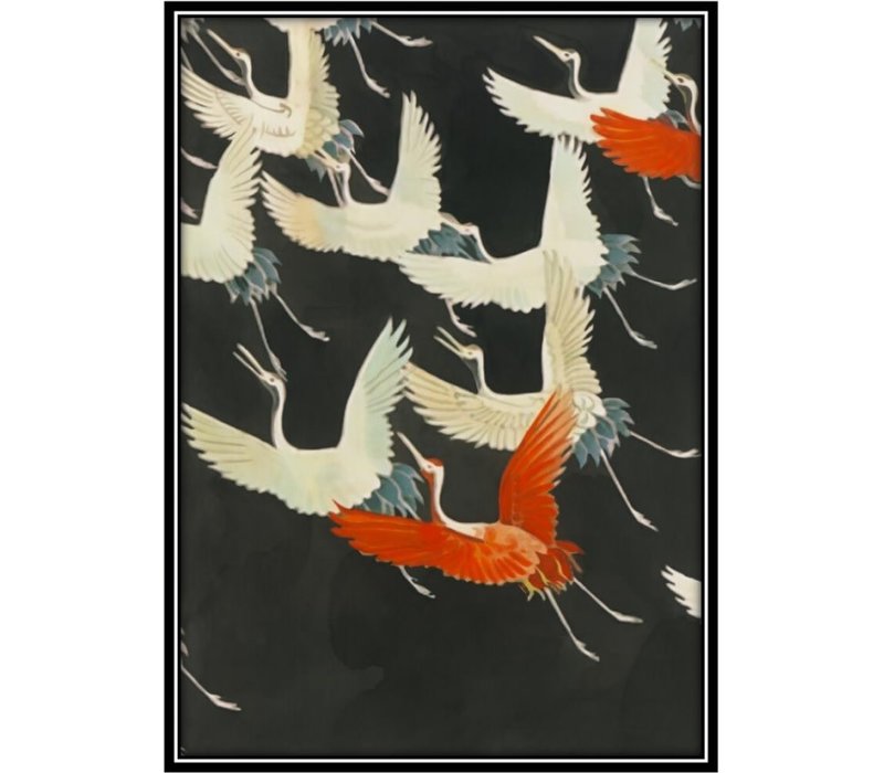Aquarellmalerei Handgemachte Japanische Kraniche mit Rahmen Massivholz 75x55cm Schwarz