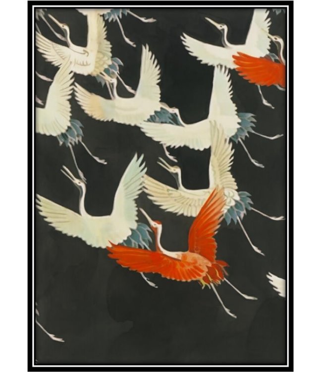 Aquarelle Painting Handmade Japanese Cranes with Frame Solid Wood 75x55cm Black