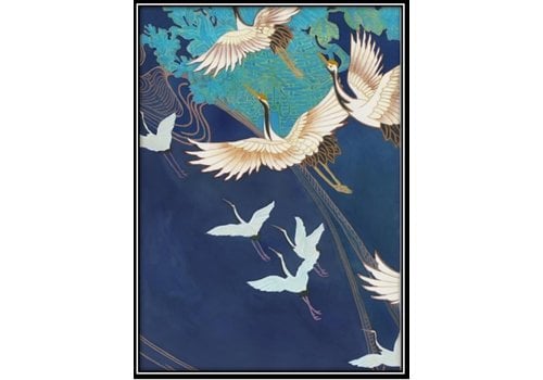 Fine Asianliving Aquarelle Schilderij Japanse Kraanvogels in Lijst Massief Hout 75x55cm Navy