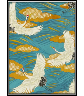 Fine Asianliving Aquarelle Painting Handmade Japanese Cranes with Frame Solid Wood 75x55cm Blue