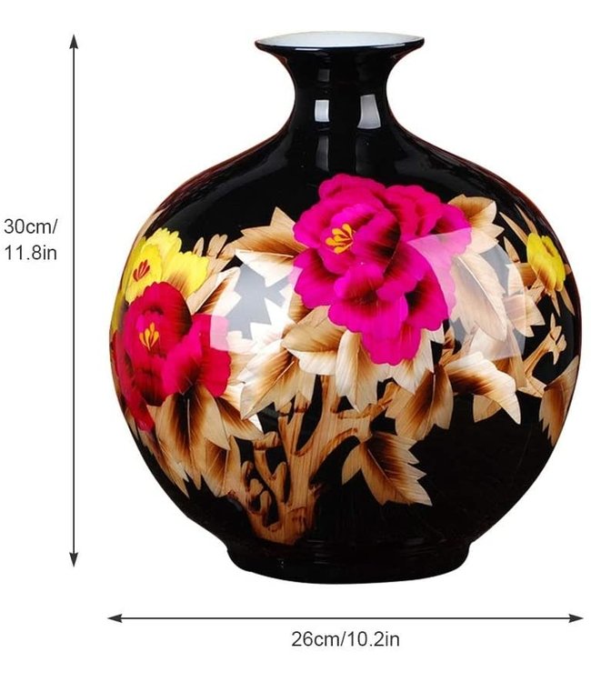 Vaso Cinese in Ceramica Porcellana Fatto a Mano Peonia Nero A29.5cm