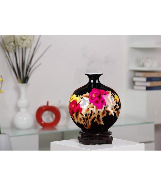 Vaso Cinese in Ceramica Porcellana Fatto a Mano Peonia Nero A29.5cm