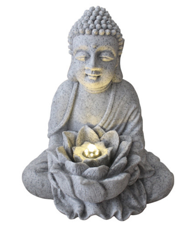 Fontana Buddha di Pietra Arenaria con Fiore di Loto 31.5x26.8x37cm