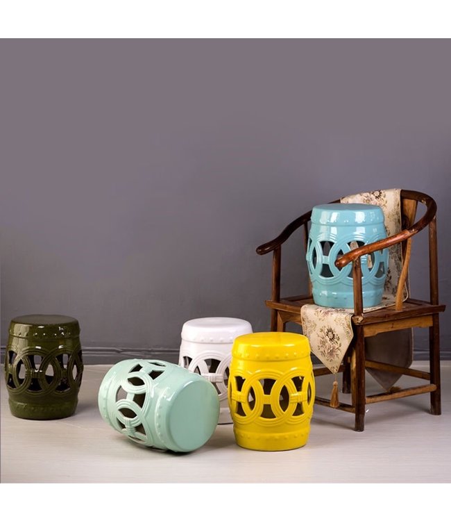 Ceramic Garden Stool Porcelain Chinese Coin White D32xH43cm