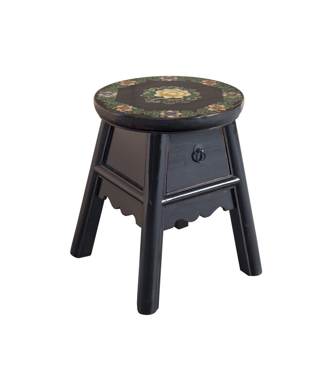 Tabouret Chinois Noir Peint à la Main Tibétaine d'Inspiration P32xH41cm