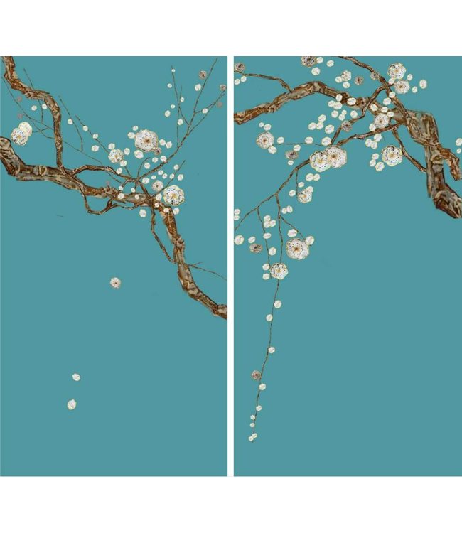 Oriental Wall Art Set/2 Sakura Nacre Sur 100% Pure Soie 60x110cm