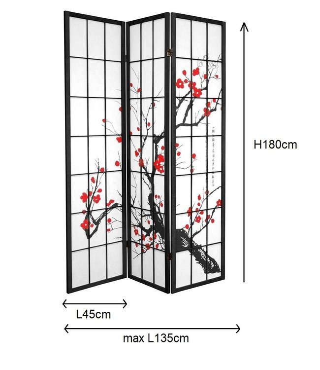 Paravent Japonais L135xH180cm 3 Panneaux Shoji Cerisier en Fleurs Noir