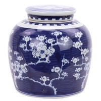 Chinesischer Deckelvase Porzellan Handbemalt Kirschblüte Blau D23xH23cm