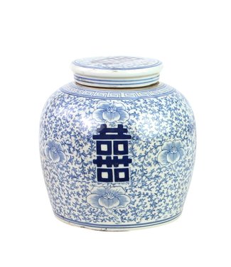Fine Asianliving Pot à Gingembre Chinois Bleu Blanc Porcelaine Double Bonheur D22xH22cm