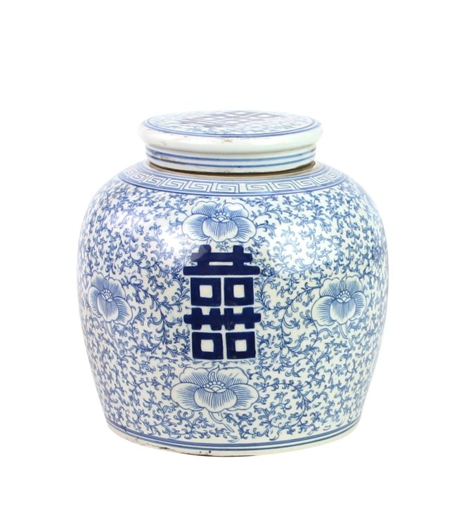 Pot à Gingembre Chinois Bleu Blanc Porcelaine Double Bonheur D22xH22cm