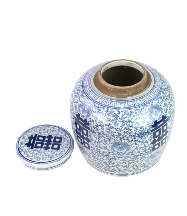 Tarro de Jengibre Chino Felicidad Pintado a Mano Azul y Blanco Anch.22 x Alt.22 cm
