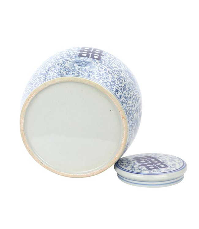 Chinesische Vase mit Deckel Blau Weiß Porzellan Handbemalt Doppeltes Glück D22xH22cm