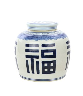 Fine Asianliving Chinesischer Deckelvase Porzellan Handbemalt Glück Blau D23xH23cm