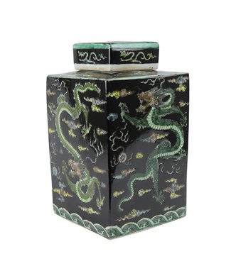 Fine Asianliving Chinesische Vase mit Deckel Porzellan Handbemalt Drache Schwarz B18xT18xH30cm