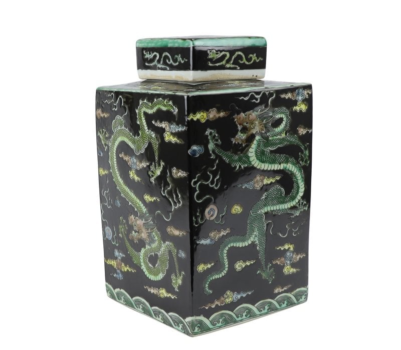 Pot à Gingembre Chinois Dragon Noir Peint à la Main L18xP18xH30cm