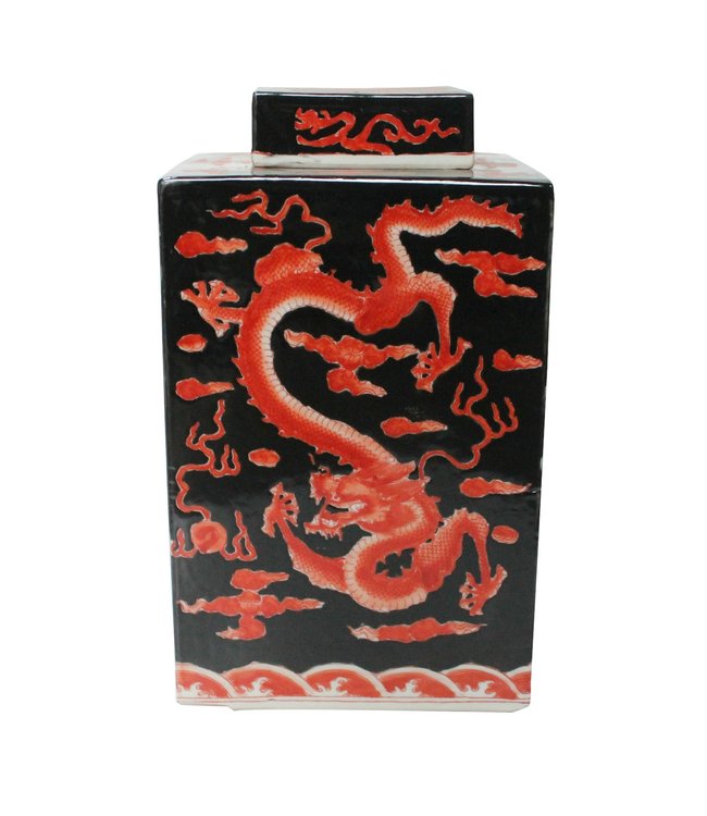 Chinese Ginger Jar Hand-painted Dragon Porcelain Red Black W18xD18xH34cm