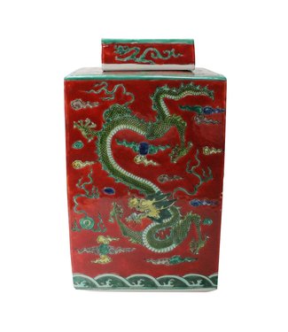 Fine Asianliving Pot à Gingembre Chinois Dragon Rouge Peint à la Main L18xP18xH34cm